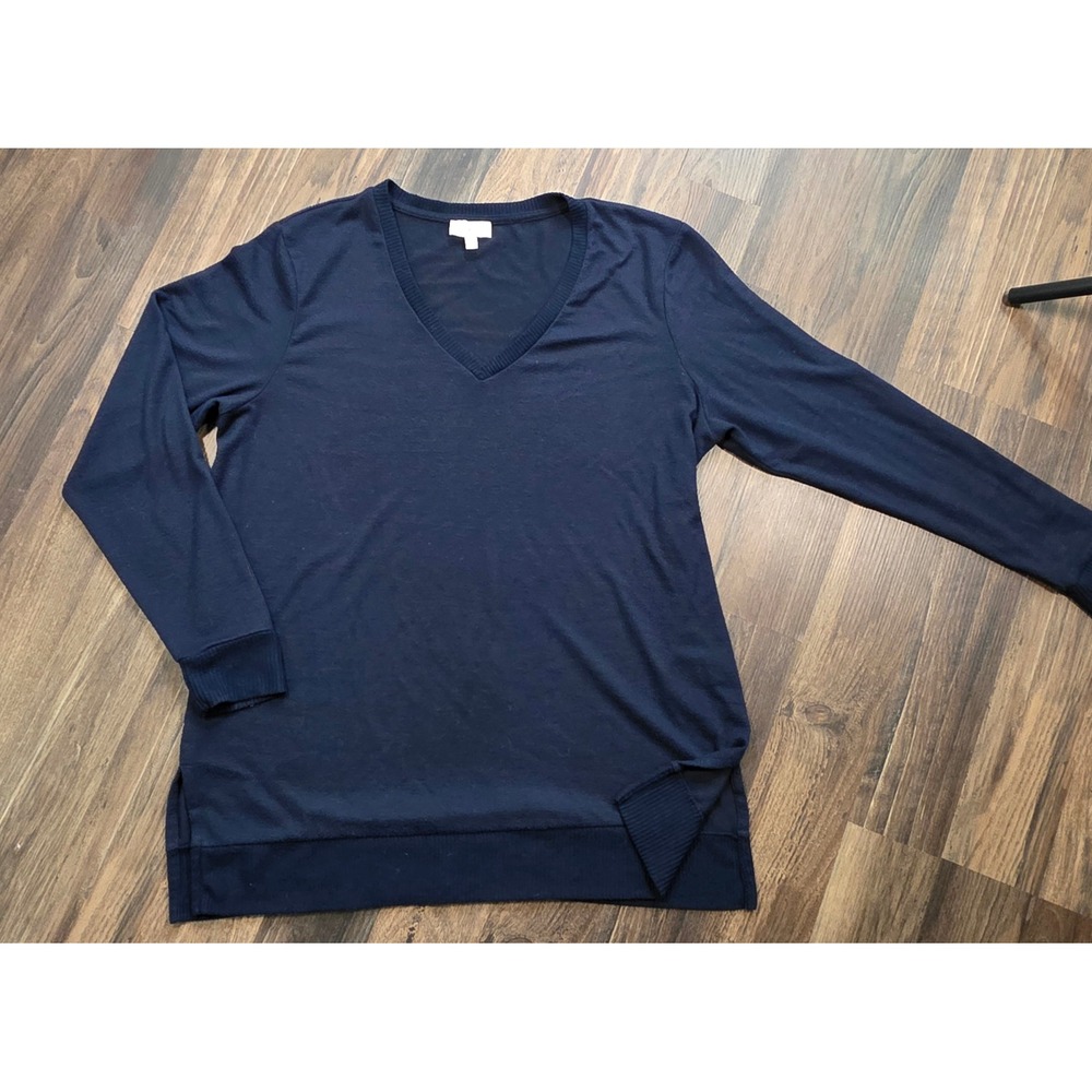 Lucky Brand Womens Navy Blue V-Neck Sweater Side Slit XL quiet luxury academia‎ - Picture 2 of 8